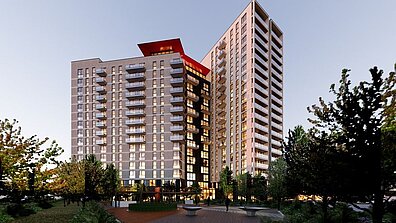 View of an architecturally special high-rise building in Potsdam in the evening light.