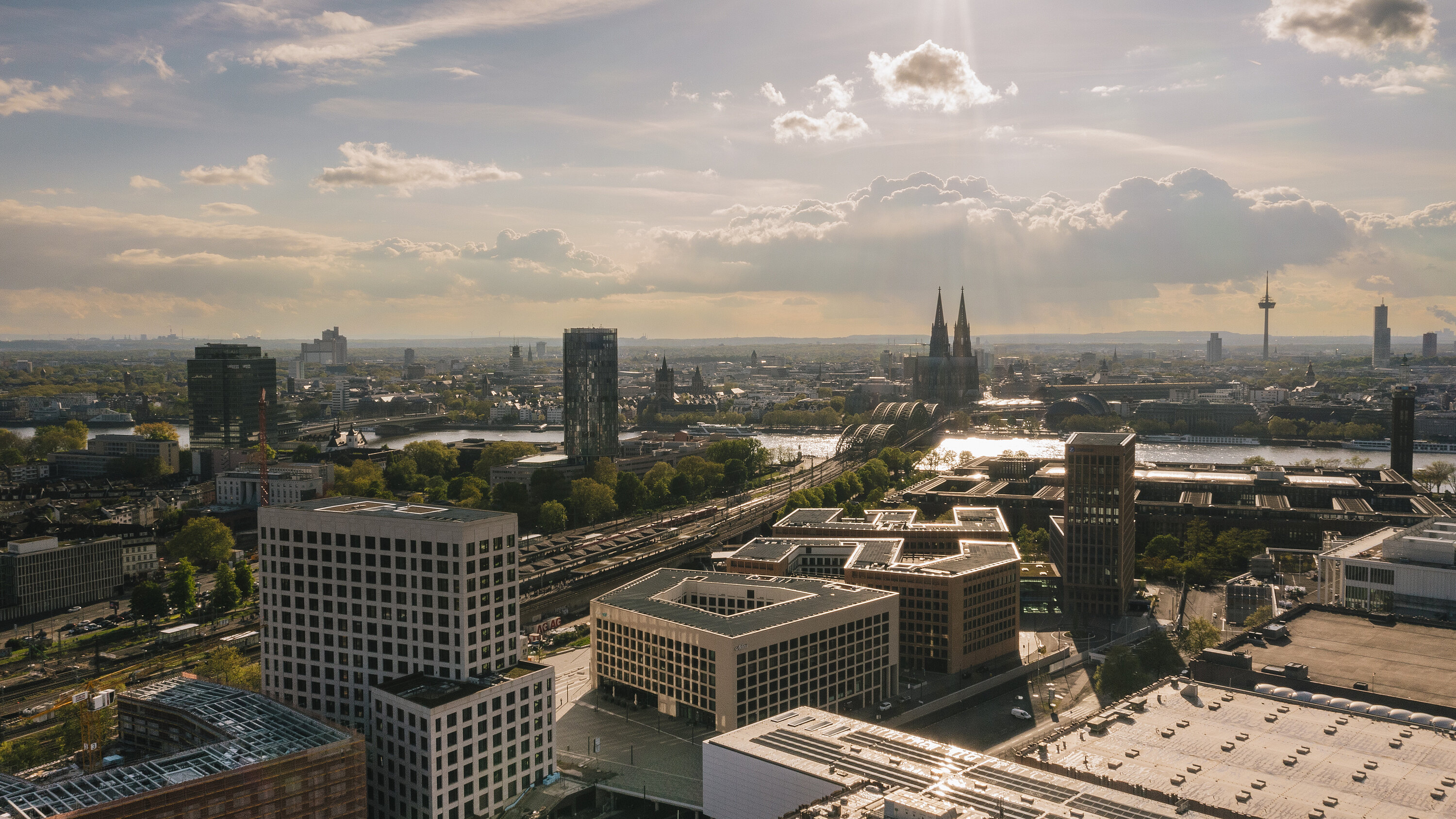 Aerial view of modern high-rise buildings in Cologne.
