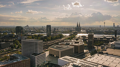 Aerial view of modern high-rise buildings in Cologne.