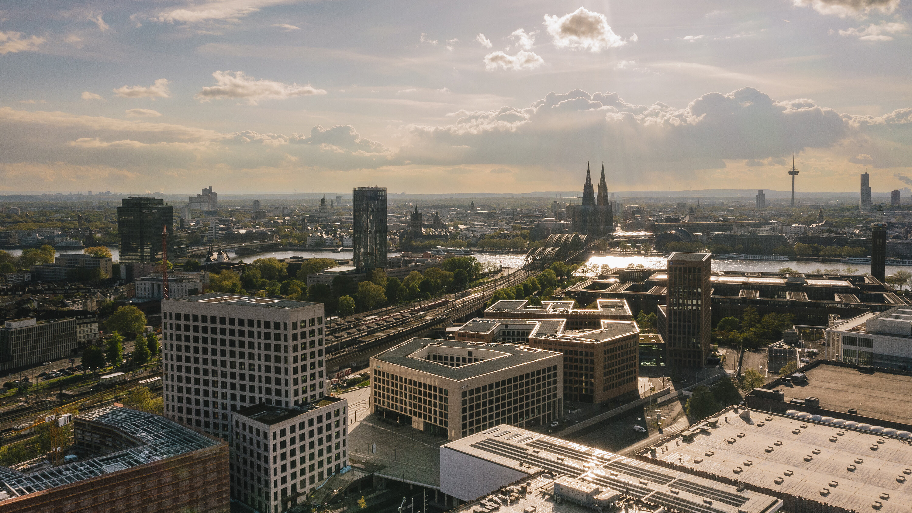 Aerial view of modern high-rise buildings in Cologne.