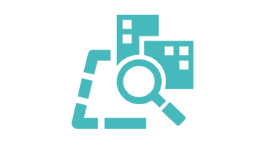 The turquoise-coloured icon represents a marked area with two buildings and a magnifying glass.