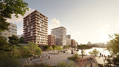 View of two architecturally modern buildings on the waterfront.