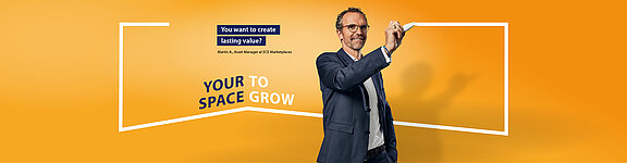 A man in front of an orange background draws a frame with the words "Creating space. Inspiring people. We give you space to inspire people. Find your place with us. Your space to grow.".