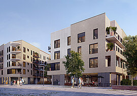 Es handelt sich um eine Visualisierung, sie zeigt zwei Wohngebäude mit heller Fassade, 4stöckig, und viel Grün drum herum.