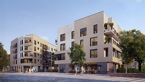 Es handelt sich um eine Visualisierung, sie zeigt zwei Wohngebäude mit heller Fassade, 4stöckig, und viel Grün drum herum.
