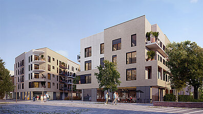 Es handelt sich um eine Visualisierung, sie zeigt zwei Wohngebäude mit heller Fassade, 4stöckig, und viel Grün drum herum.