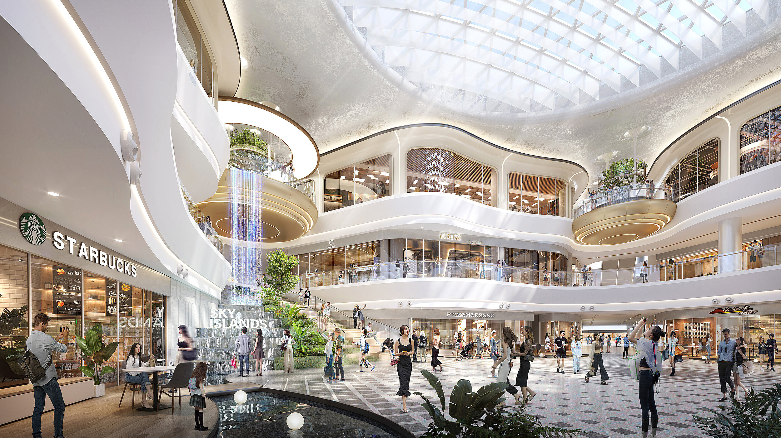 Ein modernes Shopping-Center mit spannender Architektur, durch dessen Glasdach warmes Sonnenlicht den Innenraum erhellt.