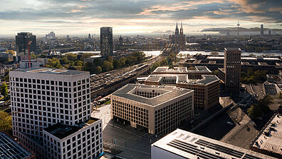 Aerial view of the modern building landscape in Cologne.