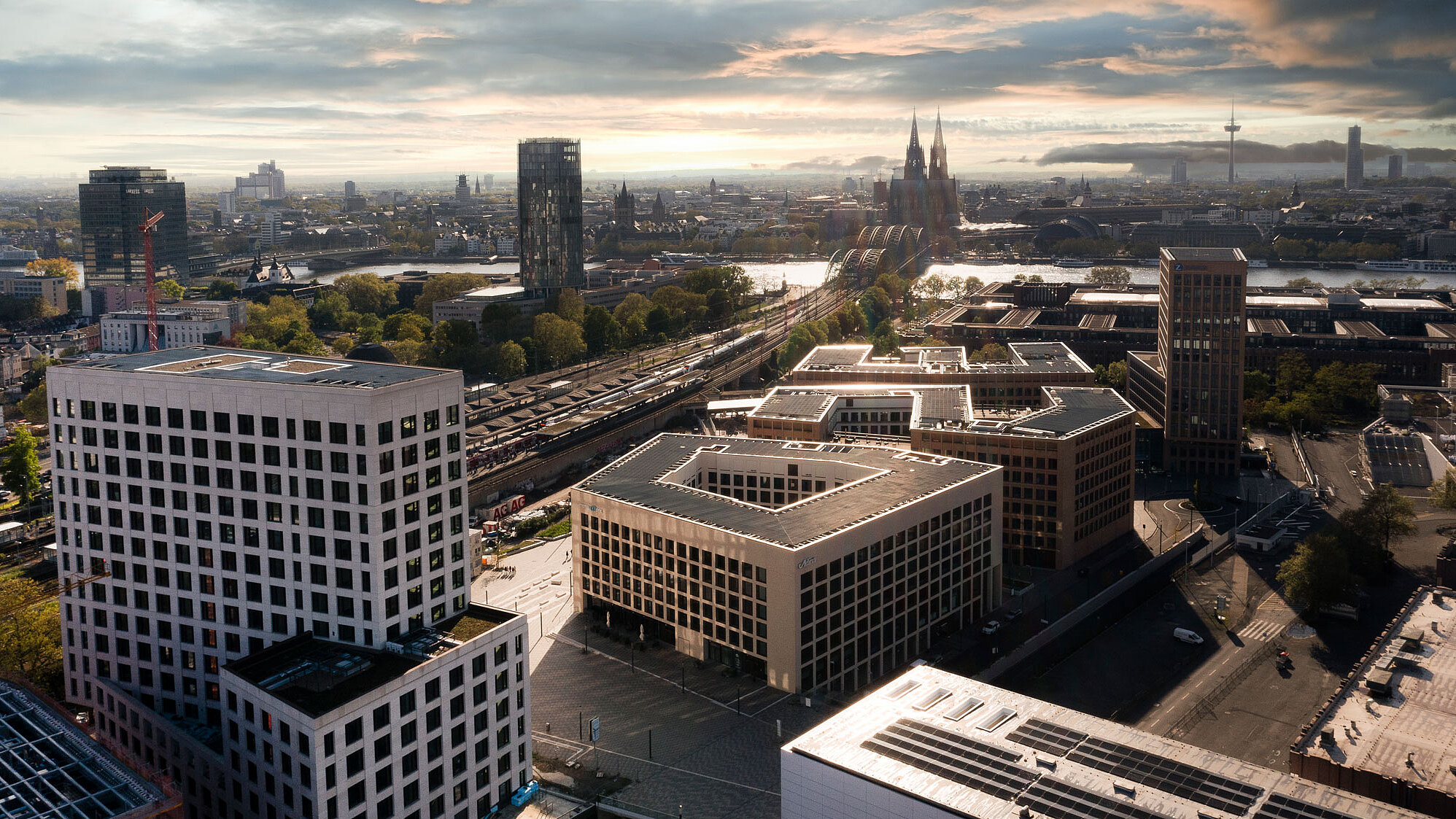 Luftaufnahme von der modernen Gebäudelandschaft in Köln.