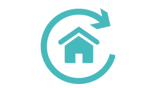 Turquoise icon with circular arrow and house in the center.