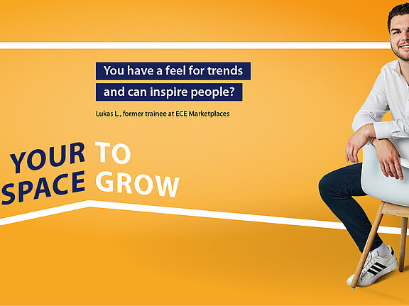 A man in front of an orange background, in the background a frame enclosing the words "Your space to grow".