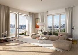 Innenansicht eines stilvoll gestalteten Wohnzimmers in Beige- und Weißtönen mit Ausblick auf umliegendes Wasser.