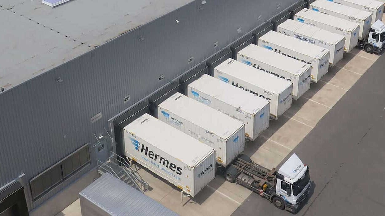 Aerial view of a Hermes goods distribution centre in Löhne with lorry containers in place.
