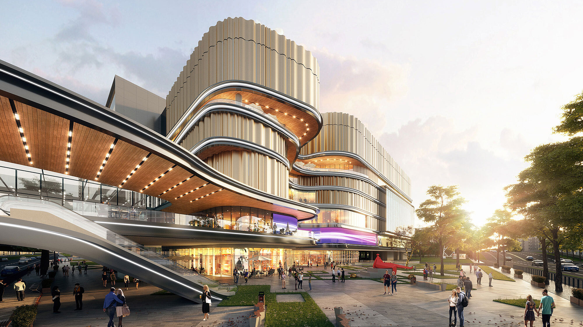 View of a shopping centre from the outside with a curved architectural style.
