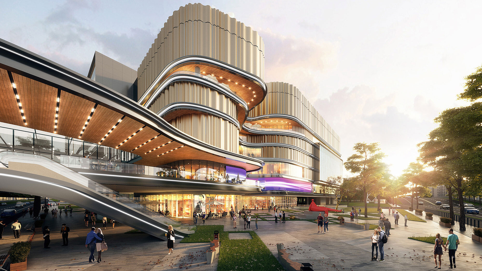 Blick auf ein Shopping-Center von außen mit gewölbtem Baustil.