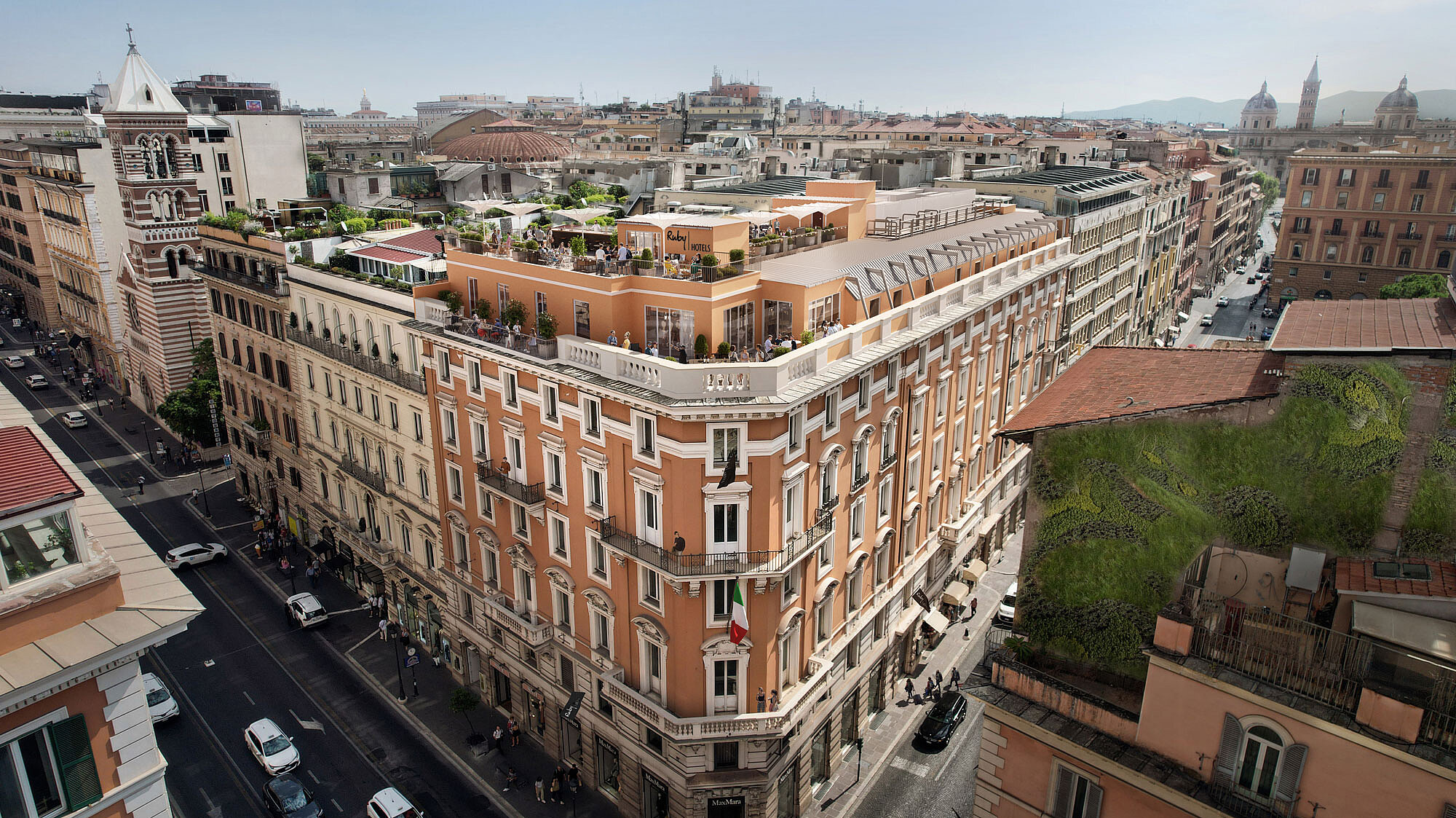 Exterior perspective of a house facade in Rome.