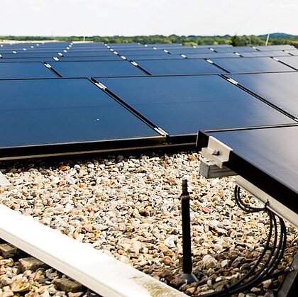 Dunkelblaue Solarzellen und weißer Kies darunter.