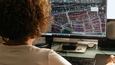 A person works on a construction plan on a PC