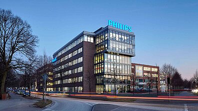 Exterior view of the Philips Headquarters office building in Hamburg.
