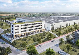 Auf der Visualisierung ist eine große Logistikhalle mit dem Thalia-Logo zu sehen, drumherum viel Grün.