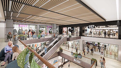 Die Visualisierung zeigt die verschiedenen Stockwerke im Shopping-Center, es sind die neuen Läden zu erkennen und eine Rolltreppe. Animierte Menschen vervollständigen das Bild.