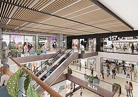 Die Visualisierung zeigt die verschiedenen Stockwerke im Shopping-Center, es sind die neuen Läden zu erkennen und eine Rolltreppe. Animierte Menschen vervollständigen das Bild.