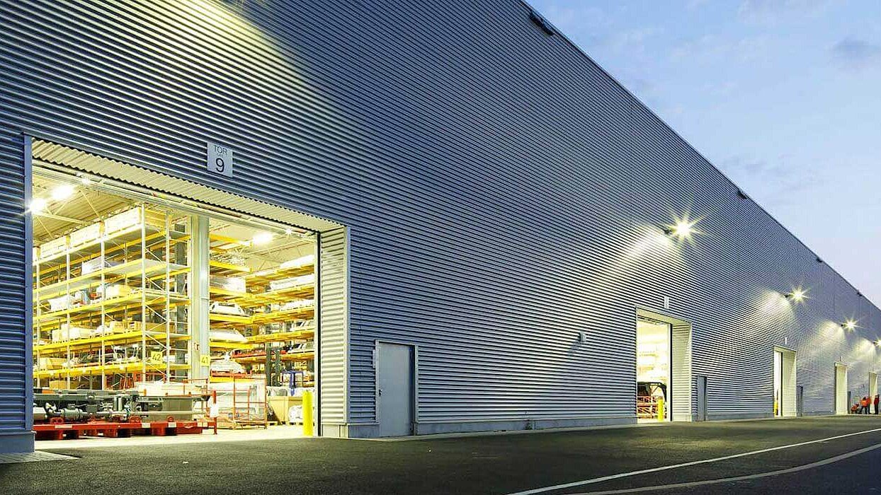 View of the outside of a logistics building in Krefeld.