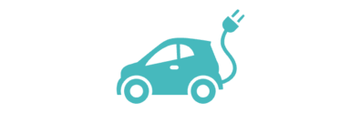 Das türkiseingefärbte Icon stellt ein Auto mit einem Ladekabel dar.