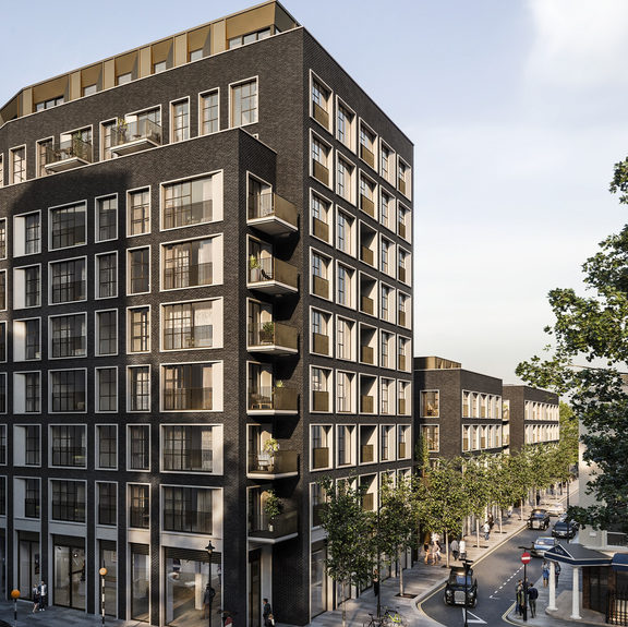 Dunkel Hochhausgebäude mit vielen Fenstern und einem architektonisch besonderen Stil.