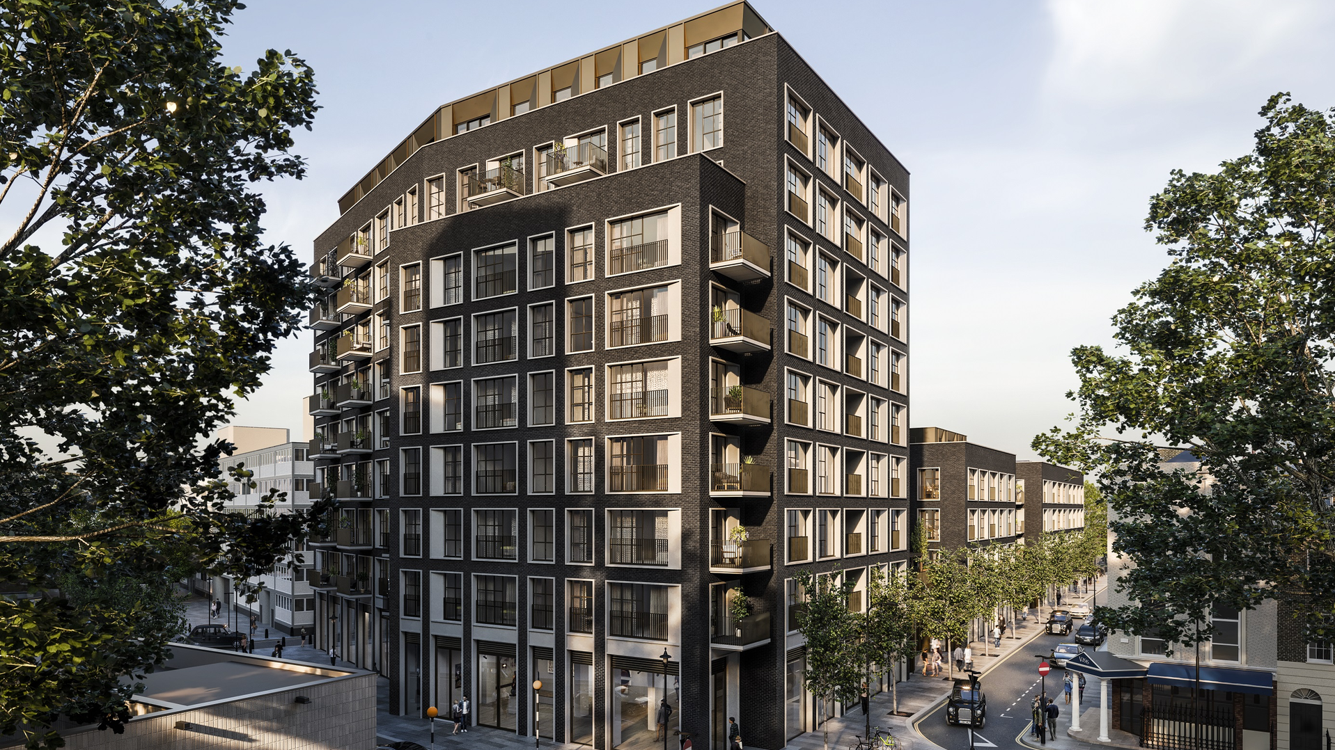 Dunkel Hochhausgebäude mit vielen Fenstern und einem architektonisch besonderen Stil.