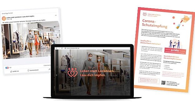 Informationskanäle zur Corona-Schutzimpfung: Plakat, Social-Media-Beitrag und Webseite 