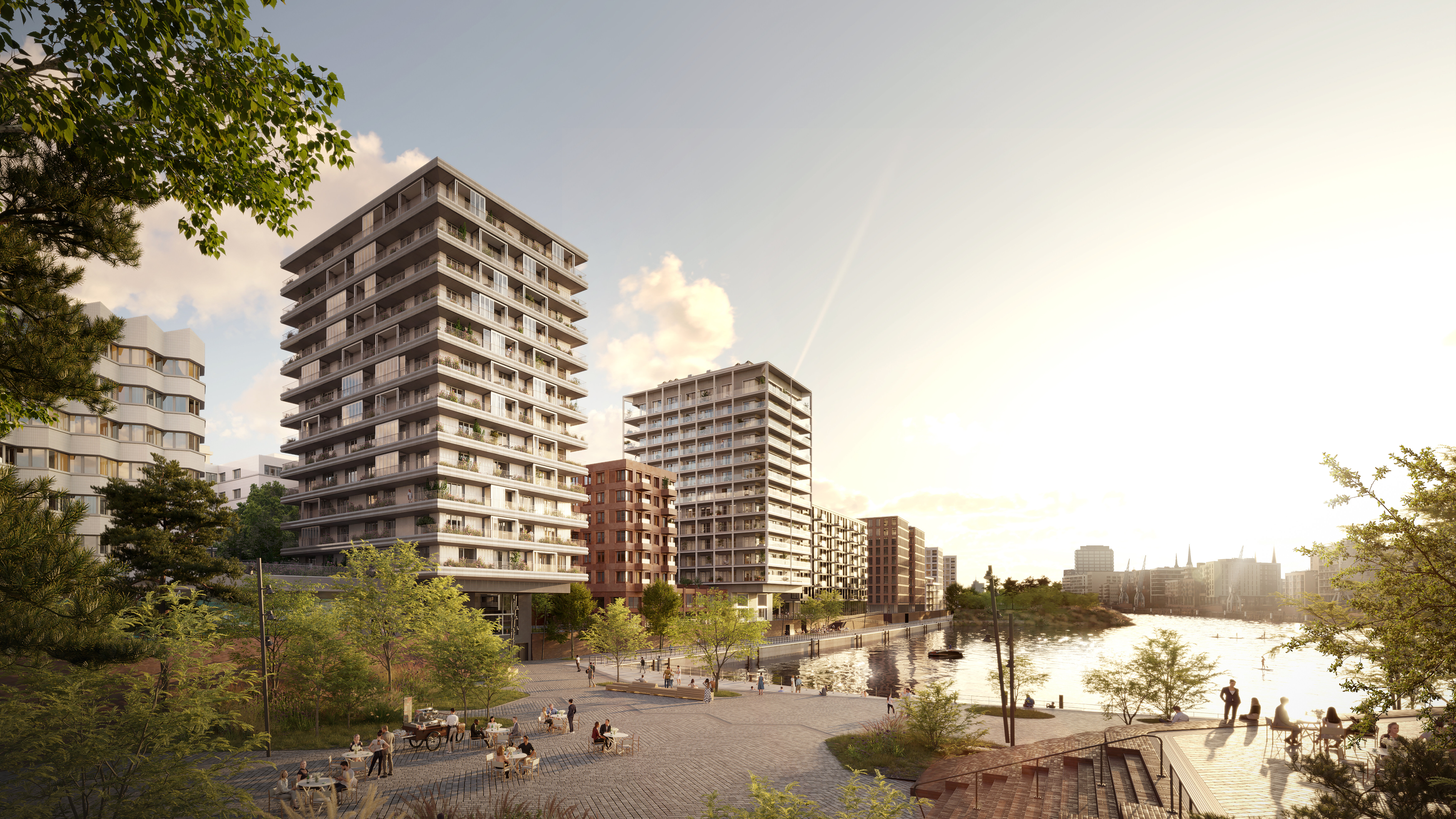 View of two architecturally modern buildings on the waterfront.