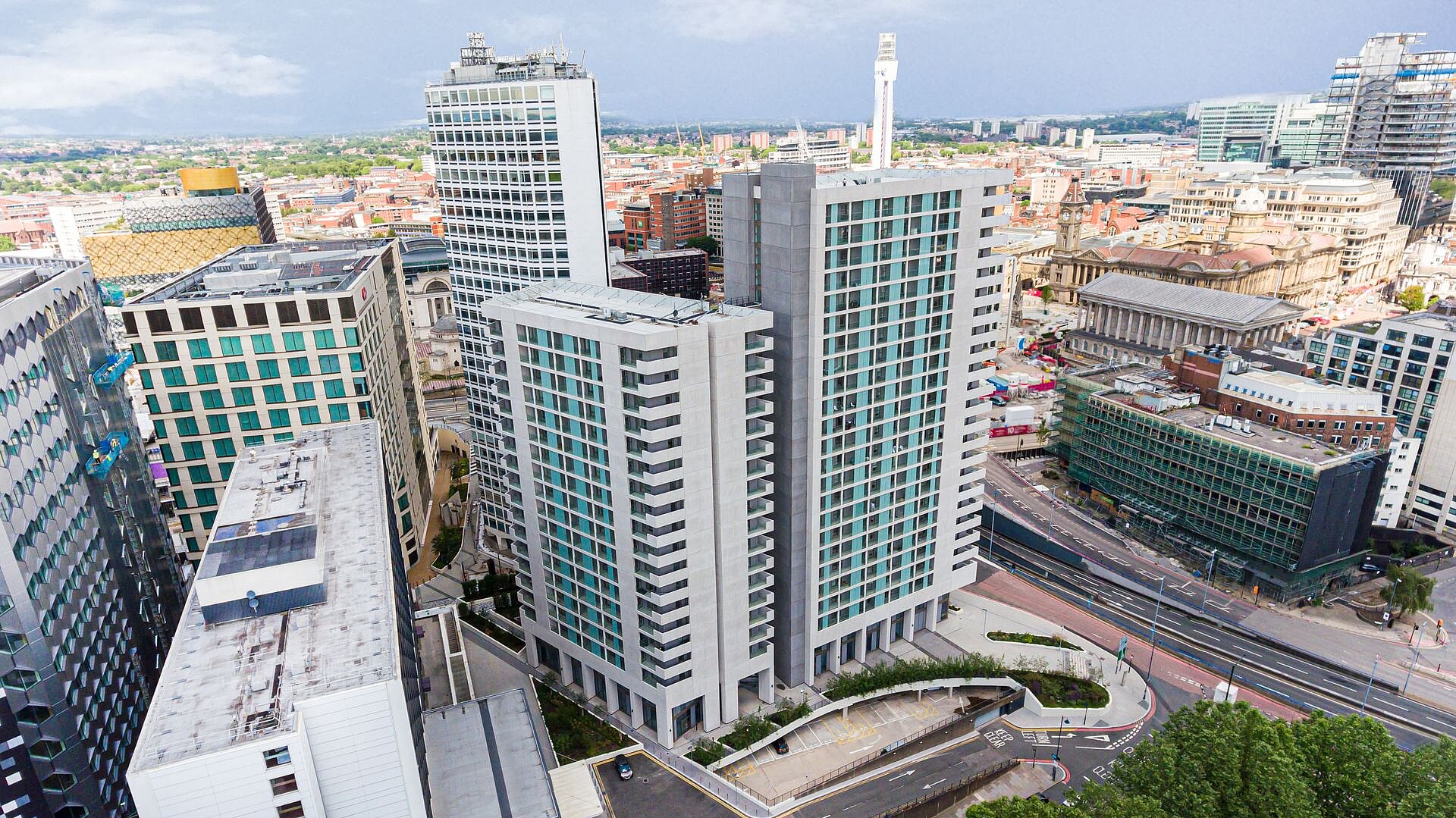 Aerial view of a high-rise complex in Birmingham, Great Britain