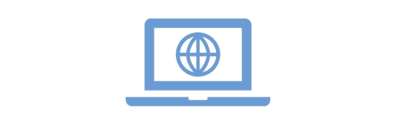 Das hellblaue Icon zeigt einen Laptop mit einer Weltkugel auf dem Bildschirm