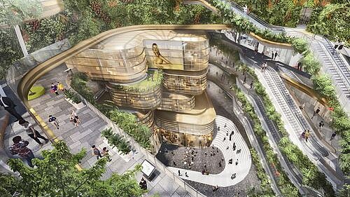 Ein offen gestaltetes, modernes Einkaufszentrum mit geschwungenen Formen, üppiger Begrünung und Glasfassaden, das urbanes Design harmonisch mit natürlicher Umgebung verbindet.