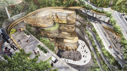 An open-plan, modern mall with curved shapes, lush greenery and glass façades that harmoniously combines urban design with natural surroundings.