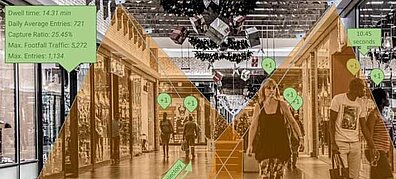 A shopping arcade with people, overlaid with data visualizations