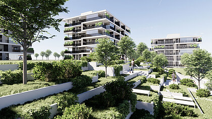 Blick auf eine grüne Wohnanlage mit modernen Gebäuden.