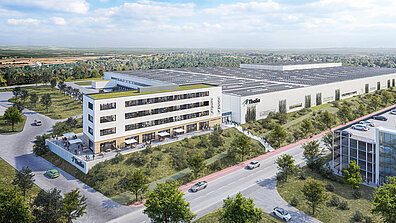 Vogelperspektive auf ein großes Logistikzentrum in Marl/ Deutschland.