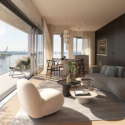 Doğal kahverengi renklerde modern mobilyalarla döşenmiş bir yaşam alanının görünümü.