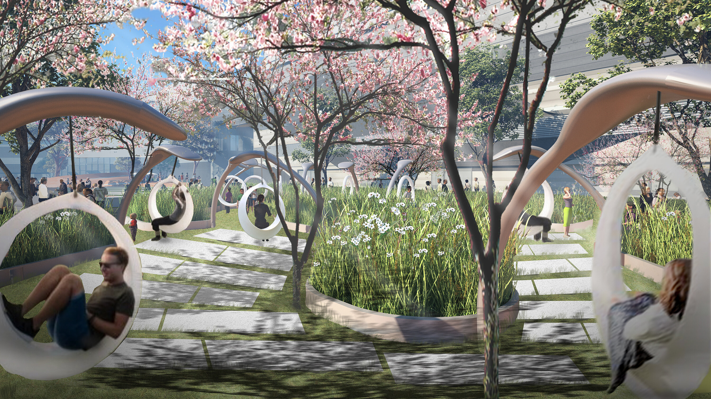 View of a landscaped outdoor area with pink lotus flowers and modern hanging chairs in which some people are sitting.