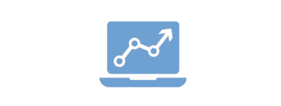 Light blue icon with laptop, with an ascending arrow on it to indicate positive statistical data.