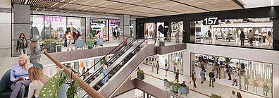 Die Visualisierung zeigt die verschiedenen Stockwerke im Shopping-Center, es sind die neuen Läden zu erkennen und eine Rolltreppe. Animierte Menschen vervollständigen das Bild.