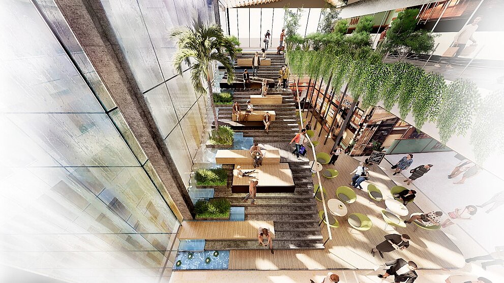 Zeichnung eines Shopping-Center-Bereichs mit Pflanzen und vielen Sitzmöglichkeiten.