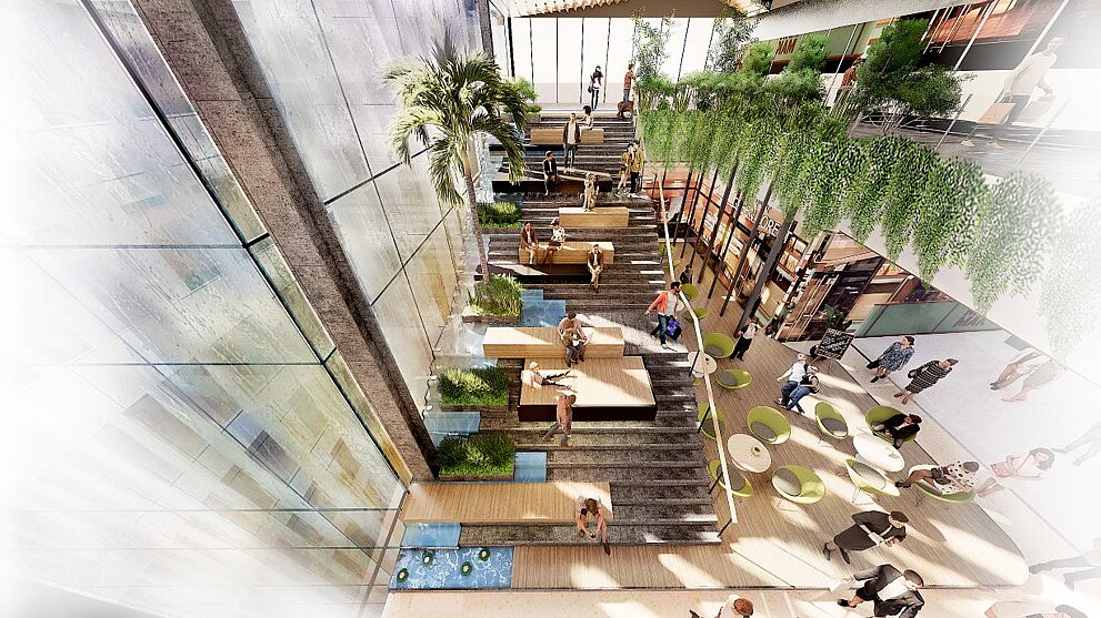 Drawing of a shopping centre area with plants and plenty of seating.