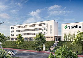 Die Visualisierung zeigt eine Logistikhalle, mit einem großen Thalia-Logo drauf.