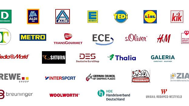 Eine Collage mit vielen verschiedenen Logos, darunter Breuninger, Deichmann, Thalia usw.