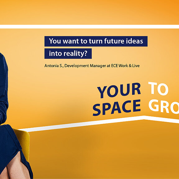 A woman in front of an orange background, in the background a frame bearing the words "Creating space. Inspiring people. We give you space to inspire people. Find your place with us. Your space to grow.".
