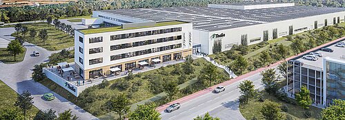 Auf der Visualisierung ist eine große Logistikhalle mit dem Thalia-Logo zu sehen, drumherum viel Grün.