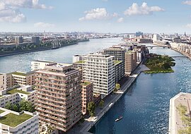 Visualisierung eines Quartiers am Wasser mit modernen Wohngebäuden.